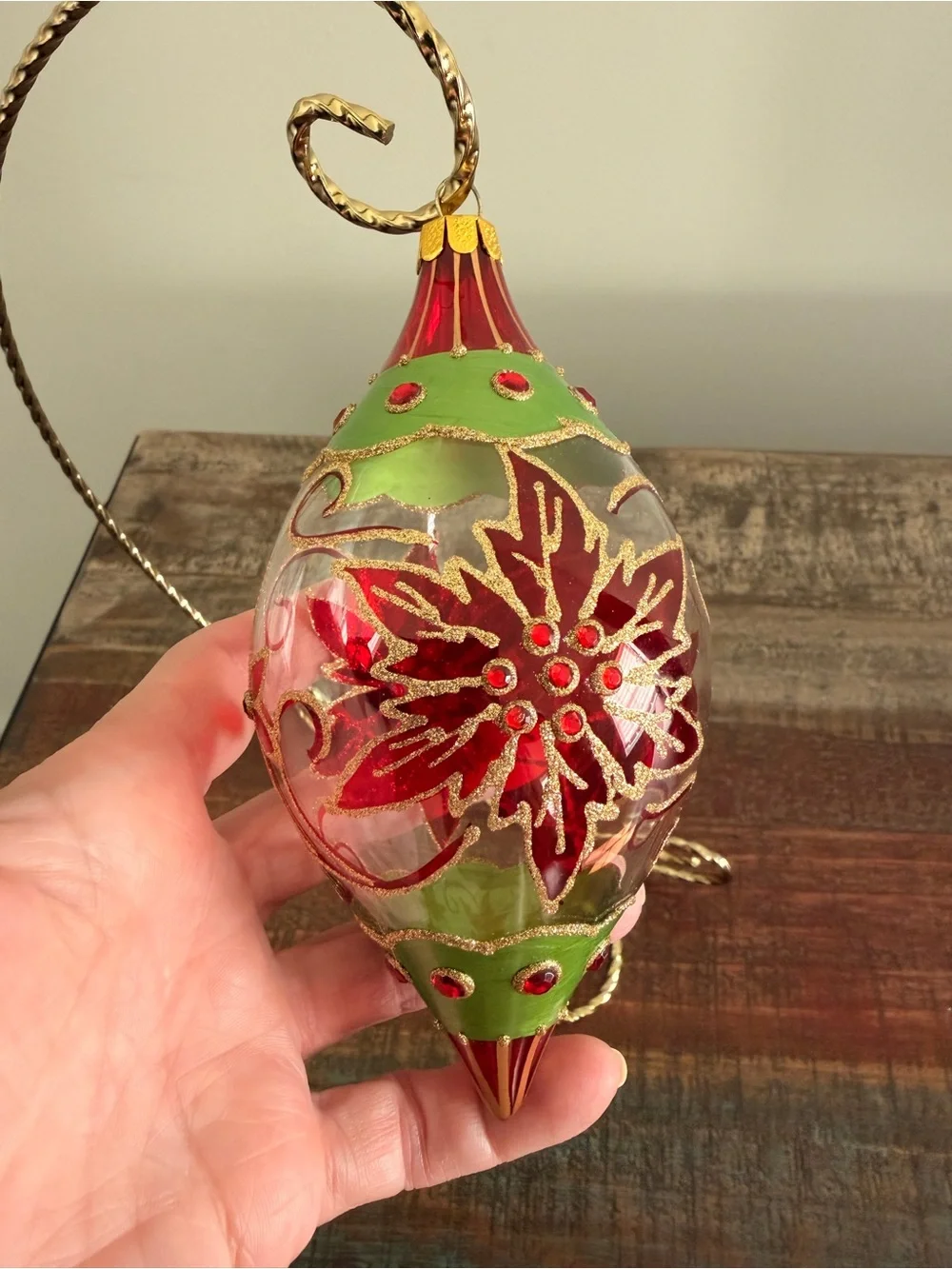 Vintage Style Glass Teardrop Poinsettia Christmas Ornament JS Mark- Excel. Cond.